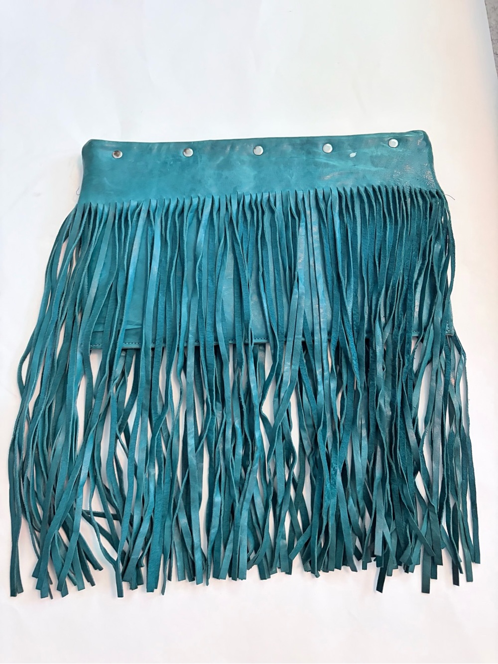 Julie Lindsay Turquoise Leather Extra Long Fringe Clutch Bag